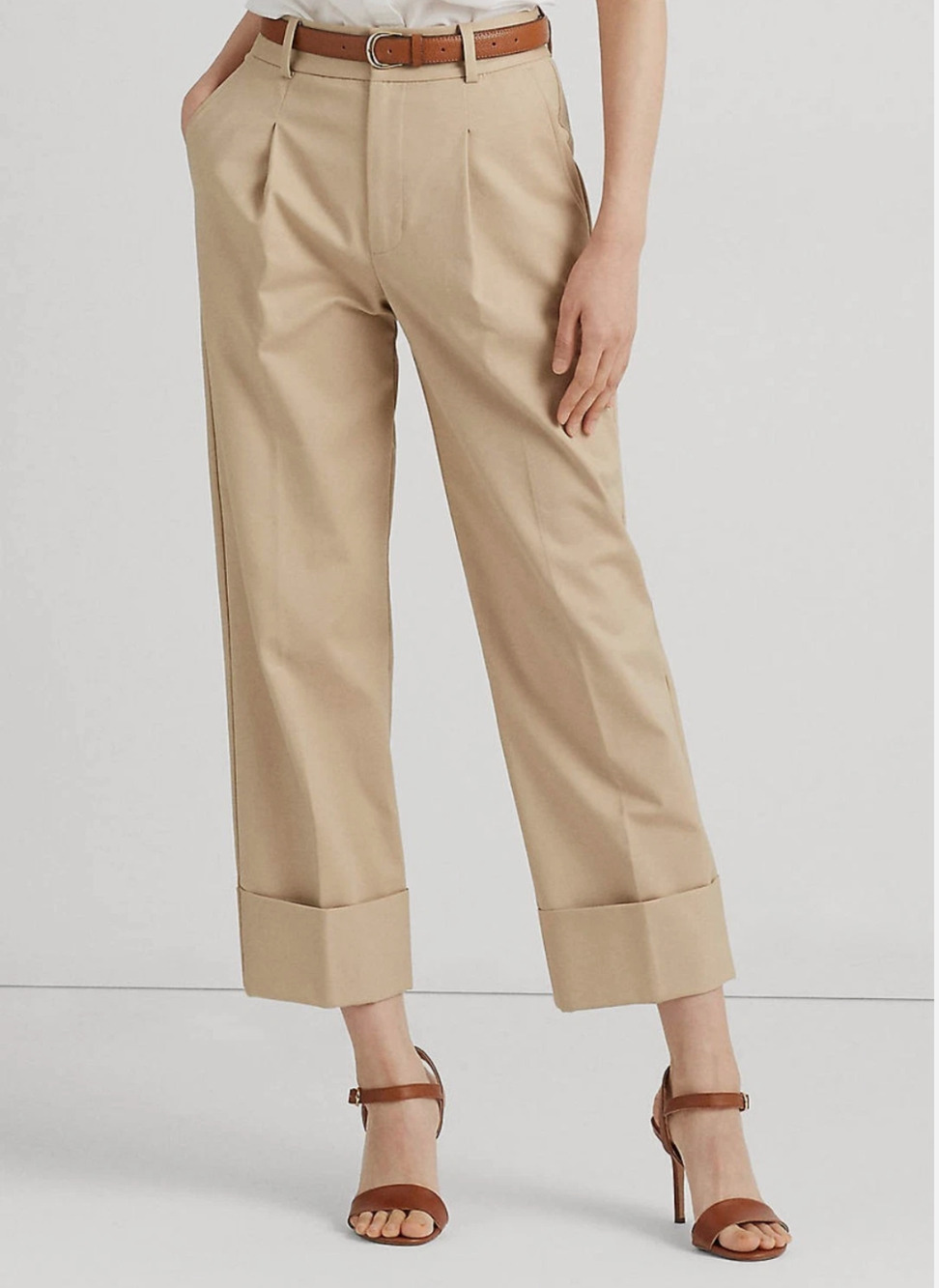 Lauren Ralph Lauren Women Double Faced Stretch Cotton Ankle Pants Tan Size 12